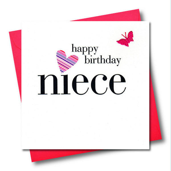 Birthday Card, Heart, Happy Birthday Niece, embellished with a fabric butterfly