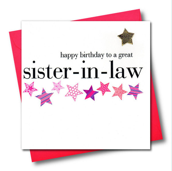 Birthday Card, Pink Stars, sister-in-law, Embellished with a padded star