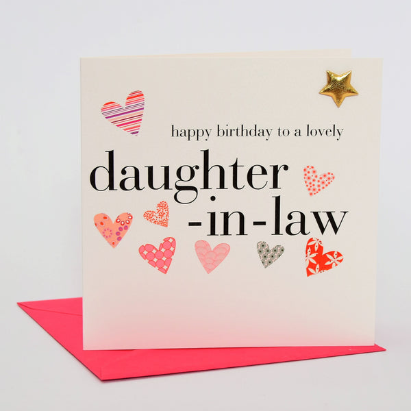 Birthday Card, Pink Hearts, daughter-in-law, Embellished with a padded star
