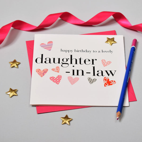 Birthday Card, Pink Hearts, daughter-in-law, Embellished with a padded star