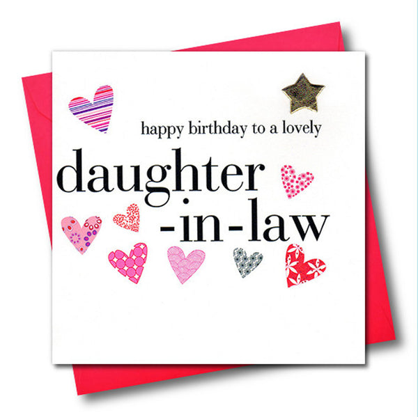 Birthday Card, Pink Hearts, daughter-in-law, Embellished with a padded star