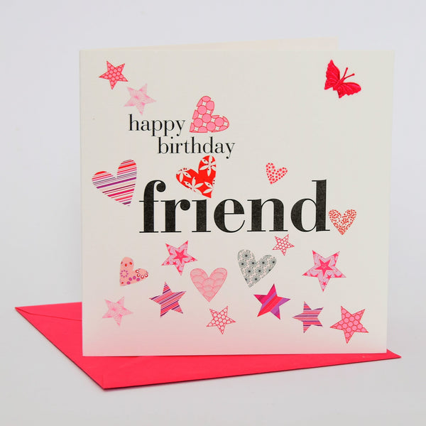 Birthday Card, Friend, Pink Hearts and Stars, fabric butterfly Embellished