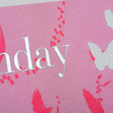 Birthday Card, Pink, Butterflies in grass, Embossed and Foiled text