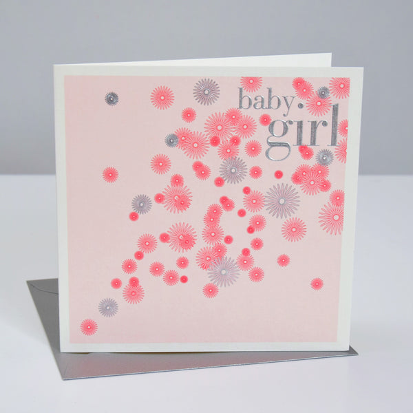 Baby Card, Pink Flowers, Baby Girl, Embossed and Foiled text