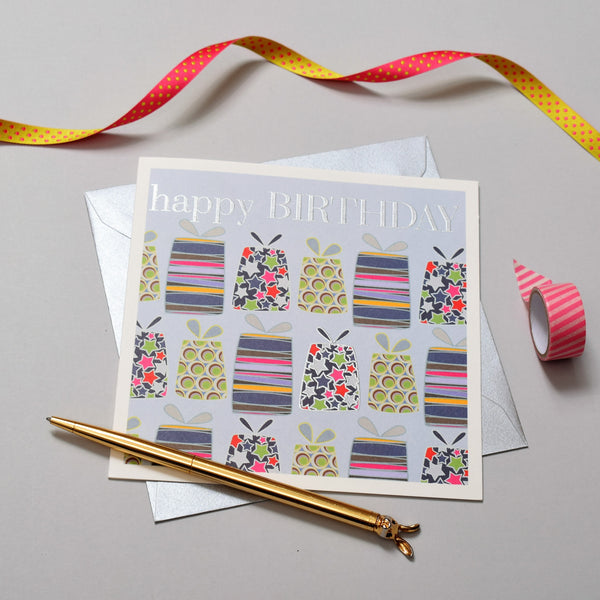 Birthday Card, Presents, Happy Birthday, Embossed and Foiled text