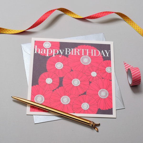 Birthday Card, Button flowers, Happy Birthday, Embossed and Foiled text