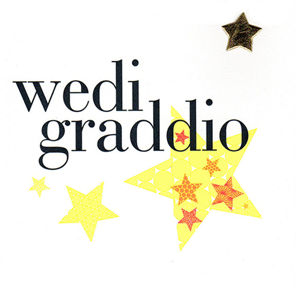 Welsh Graduation Congratulations Card, Blue Stars, padded star embellished