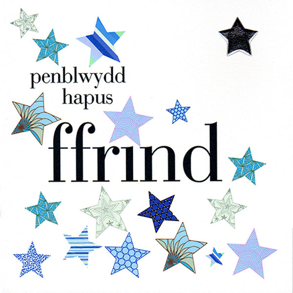 Welsh Friend Birthday Card, Penblwydd Hapus, Blue Stars, padded star Embellished