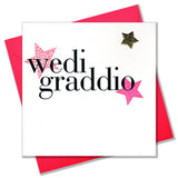 Welsh Graduation Congratulations Card, Pink Stars, padded star embellished