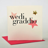 Welsh Graduation Congratulations Card, Pink Stars, padded star embellished