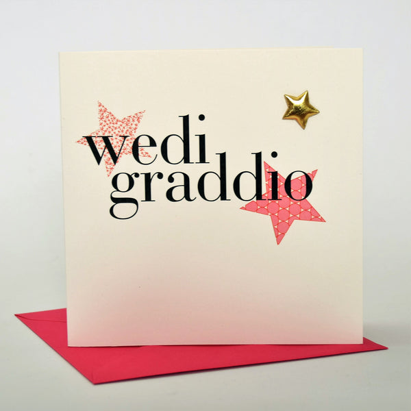 Welsh Graduation Congratulations Card, Pink Stars, padded star embellished