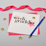 Welsh Graduation Congratulations Card, Pink Stars, padded star embellished