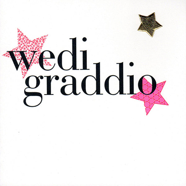 Welsh Graduation Congratulations Card, Pink Stars, padded star embellished