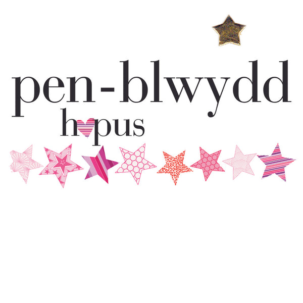 Welsh Birthday Card, Penblwydd Hapus, Pink Stars, padded star embellished