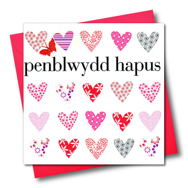 Welsh Birthday Card, Penblwydd Hapus, Pink Hearts, fabric butterfly embellished
