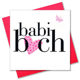 Welsh Baby Card, Babi Bach, Baby Girl - Pink Heart, fabric butterfly embellished