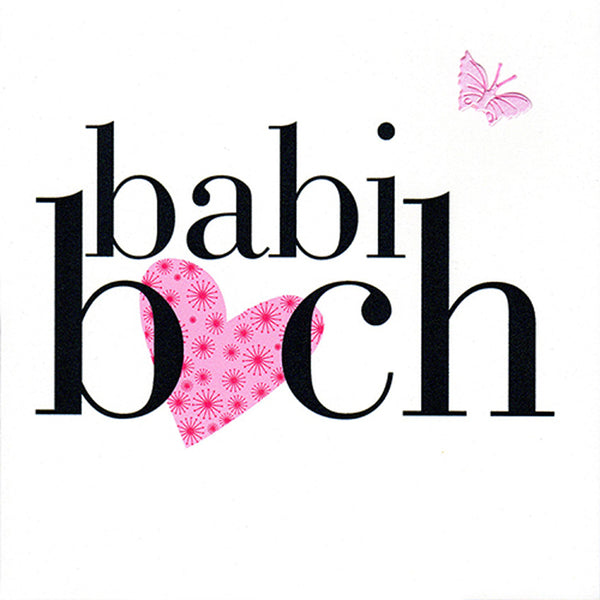 Welsh Baby Card, Babi Bach, Baby Girl - Pink Heart, fabric butterfly embellished