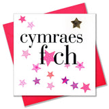 Welsh Baby Girl Card, Cymraes Fach, Pink Stars, fabric butterfly embellished