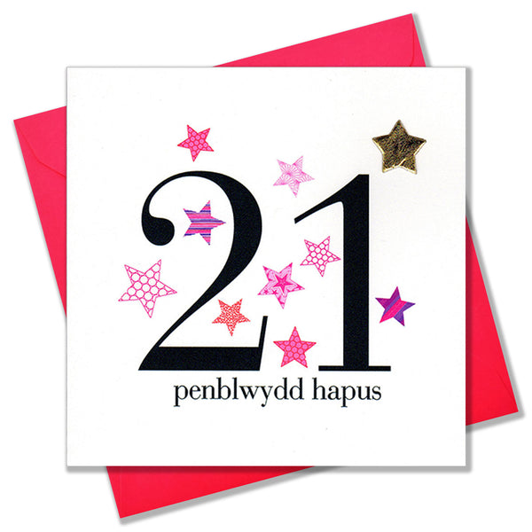 Welsh 21st Birthday Card, Penblwydd Hapus, Pink Stars, padded star embellished