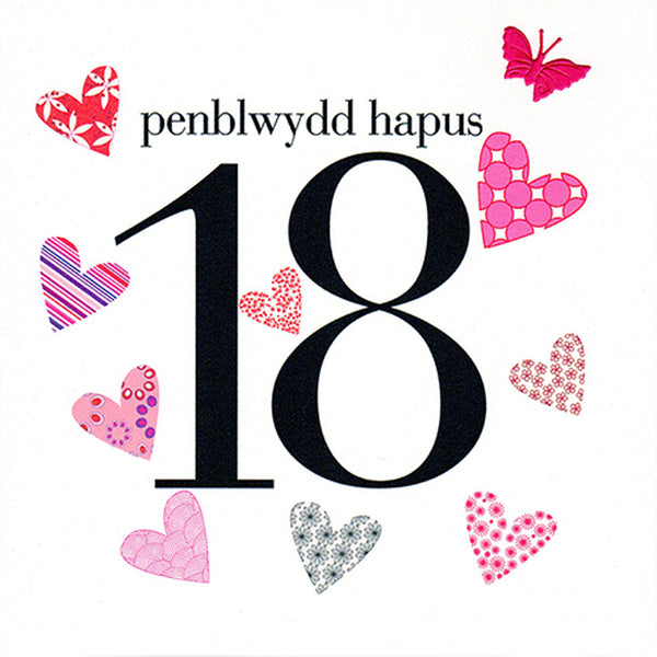 Welsh 18th Birthday Card, Penblwydd Hapus, fabric butterfly embellished