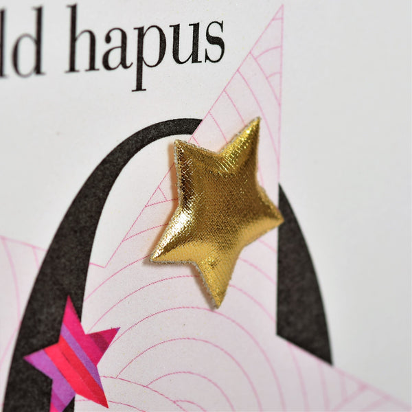 Welsh 80th Birthday Card, Penblwydd Hapus, Pink Star, padded star embellished