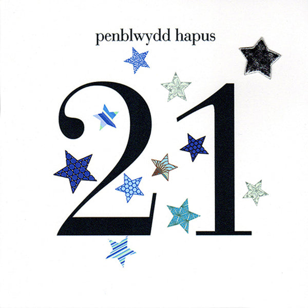 Welsh 21st Birthday Card, Penblwydd Hapus, Blue Stars, padded star embellished