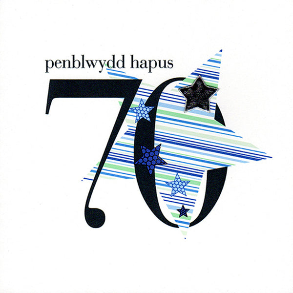 Welsh 70th Birthday Card, Penblwydd Hapus, Blue Stars, padded star embellished