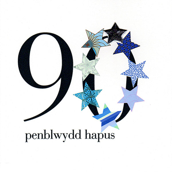 Welsh 90th Birthday Card, Penblwydd Hapus, Blue Stars, padded star embellished