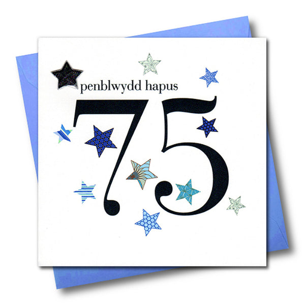 Welsh 75th Birthday Card, Penblwydd Hapus, Blue Stars, padded star embellished