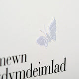 Welsh Sympathy Card, Condolence, White Flowers, fabric butterfly embellished