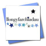 Welsh Congratulations Card, Blue Stars, padded star embellished
