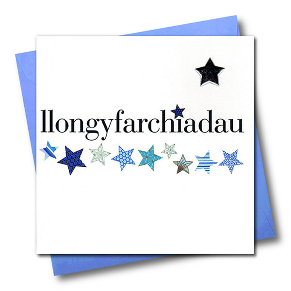 Welsh Congratulations Card, Blue Stars, padded star embellished