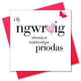 Welsh Wife Anniversary Wedding Card, Gwraig, Heart, fabric butterfly embellished