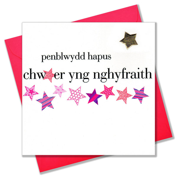 Welsh sister-in-law Birthday Card, Penblwydd Hapus, padded star embellished