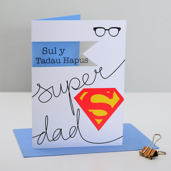 Welsh Father's Day Card, Sul y Tadau Hapus Super Dad, See through acetate window