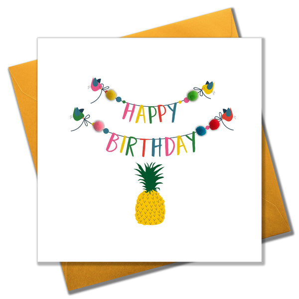 Brithday Card, Birdies, Bunting and Pineapple, Embellished with pompoms