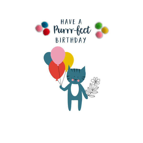 Everyday Card, Cat with Balloons, Purrr-fect Birthday, Embellished with pompoms