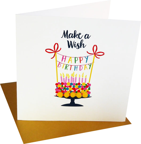 Everyday Card, Birthday Cake, Make a Wish, Embellished with colourful pompoms