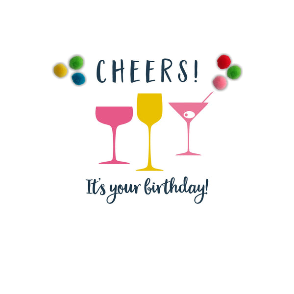 Everyday Card, Cocktail Glasses, Cheers! , Embellished with colourful pompoms