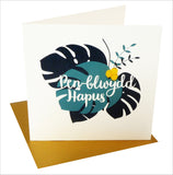 Welsh Birthday Card, Penblwydd Hapus, Trapical Leaves, Pompom Embellished
