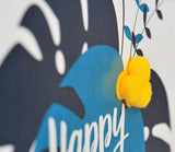 Welsh Birthday Card, Penblwydd Hapus, Trapical Leaves, Pompom Embellished