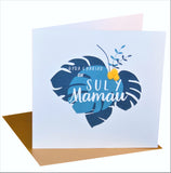 Welsh Mother's Day Card, Sul y Mamau Hapus, Tropical Leaves, Pompom Embellished