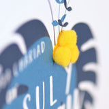 Welsh Mother's Day Card, Sul y Mamau Hapus, Tropical Leaves, Pompom Embellished