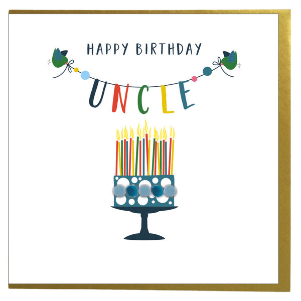 Birthday Card, Cake, Happy Birthday, Uncle, Embellished with colourful pompoms