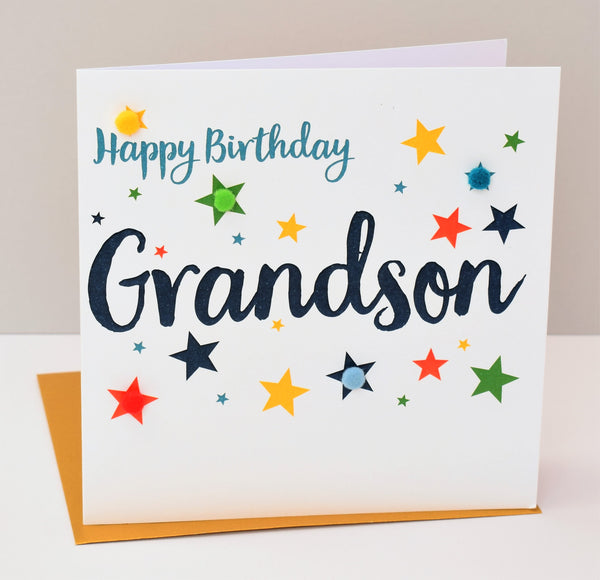 Birthday Card, Stars, Happy Birthday, Grandson, Embellished with pompoms