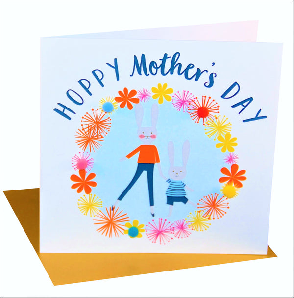 Mother's Day Card, Mummy Bunny, Boy Blue, Embellished with pompoms
