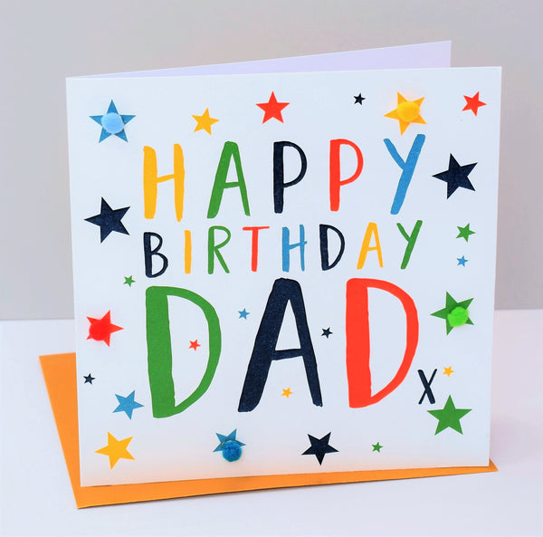 Birthday Card, Colour Stars, Happy Birthday, Dad, Embellished with pompoms