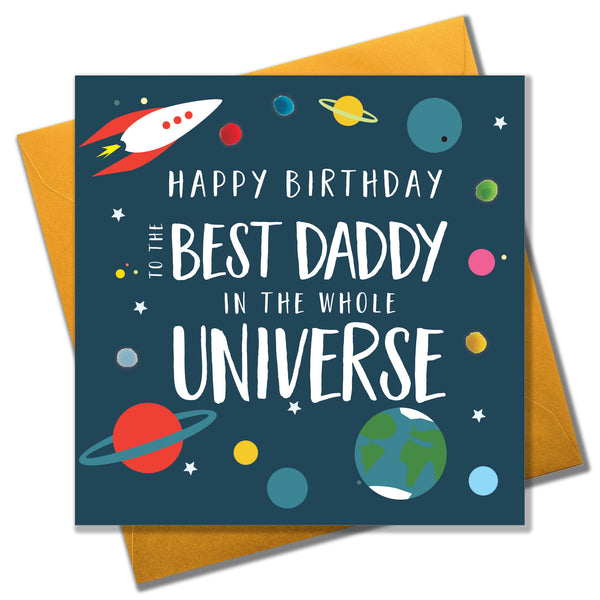 Birthday Card, Spaceship, Best Daddy in the Universe, Embellished with pompoms