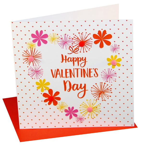 Valentine's Day Card, Heart of Flowers, Embellished with colourful pompoms