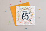 Birthday Card, Dotty 65, 65th , Embellished with colourful pompoms